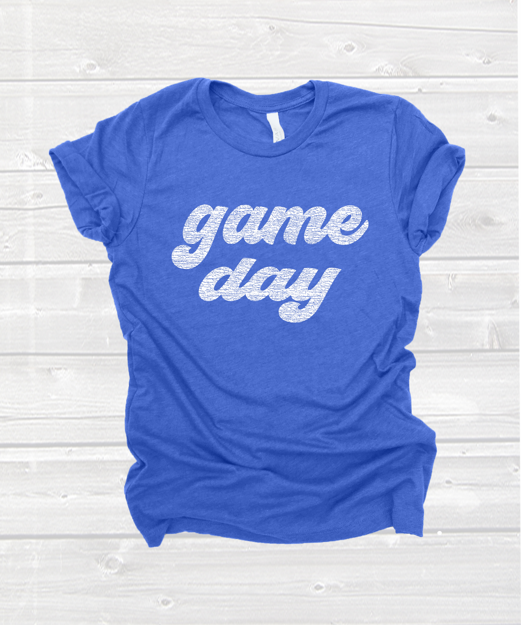 retro "game day" tee in heather blue