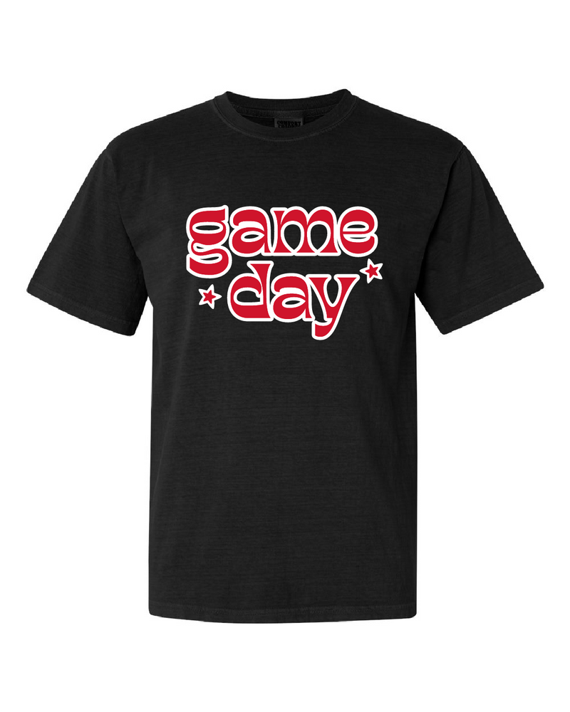 retro print red + white "game day" tee in black