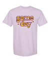retro print purple + gold "game day" tee in lavender
