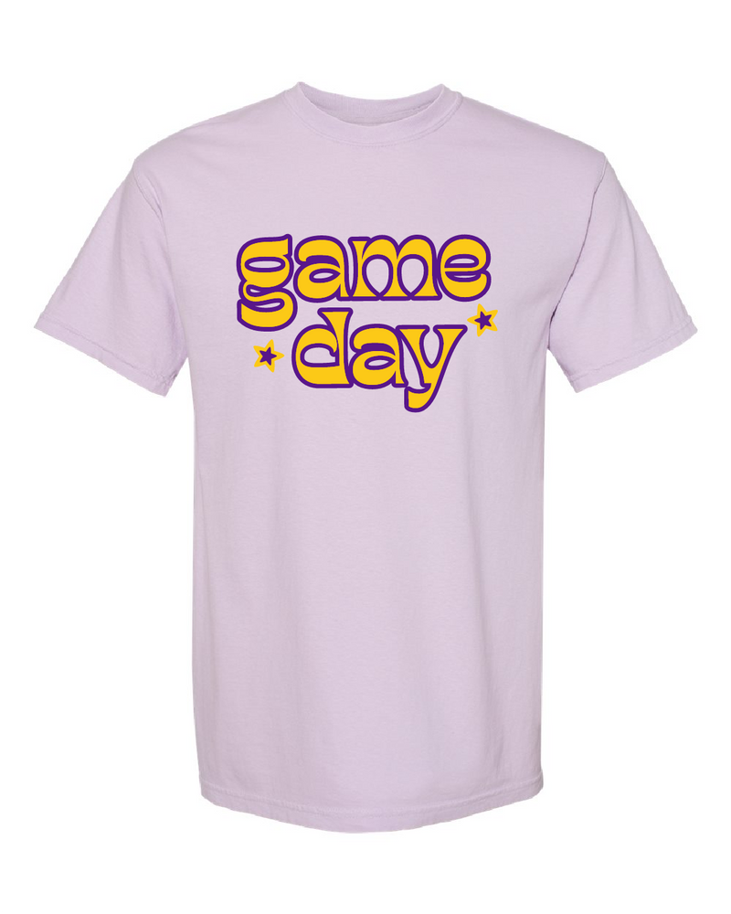 retro print purple + gold "game day" tee in lavender