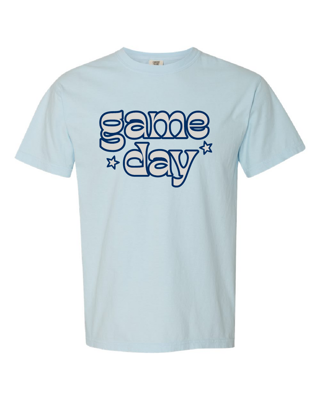 retro print navy + grey "game day" tee in light blue