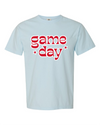 retro print red + white "game day" tee in light blue