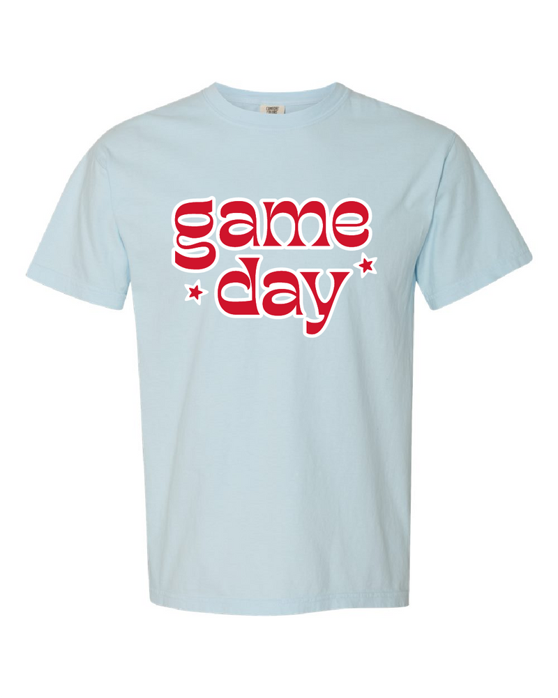 retro print red + white "game day" tee in light blue