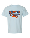 retro print navy + orange "game day" tee in light blue