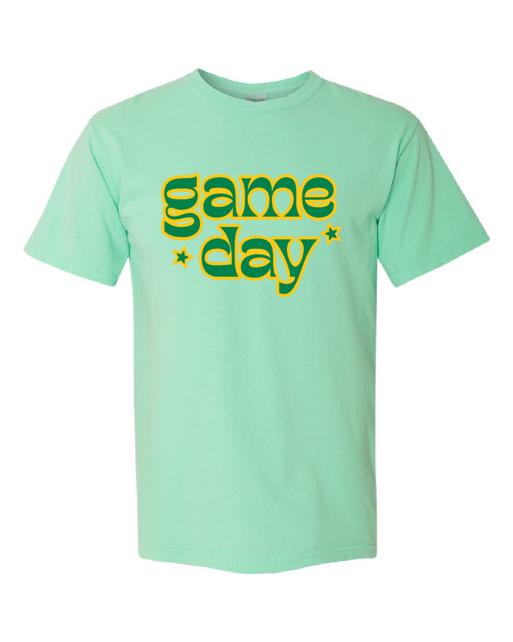 retro print green + gold "game day" tee in mint
