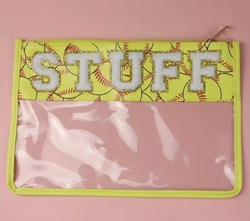 clear softball pouch with chenille letters
