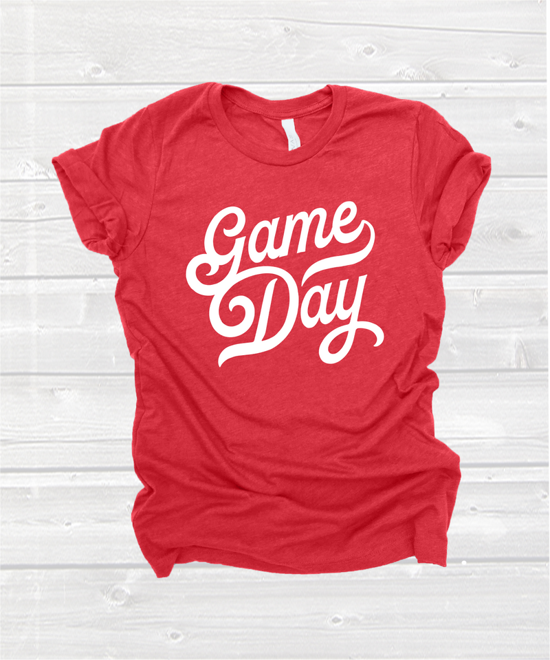 game day script tee in red, blue, navy or grey