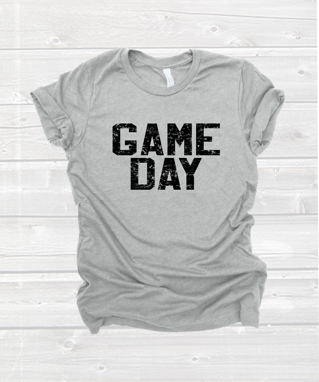 varsity "game day" tee with black print in red, white and light grey
