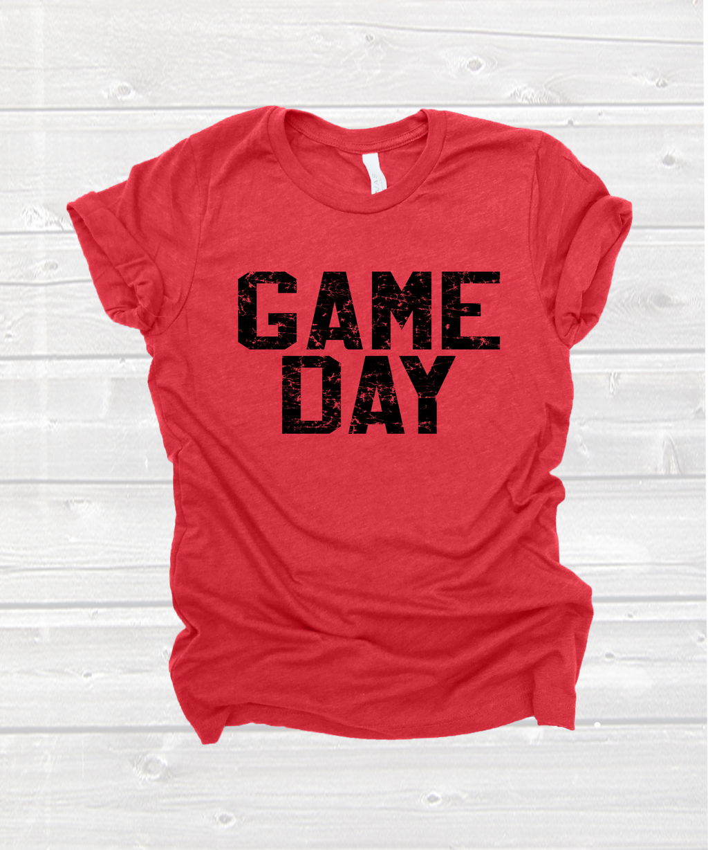 varsity "game day" tee with BLACK PRINT in heather red