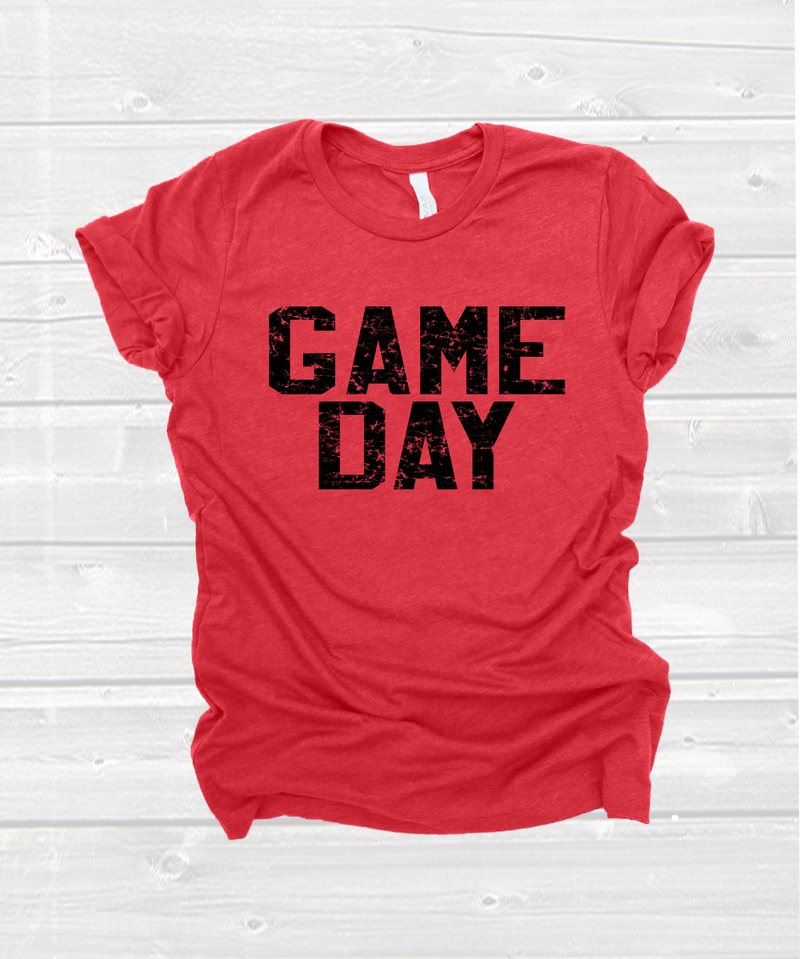 varsity "game day" tee with BLACK PRINT in heather red