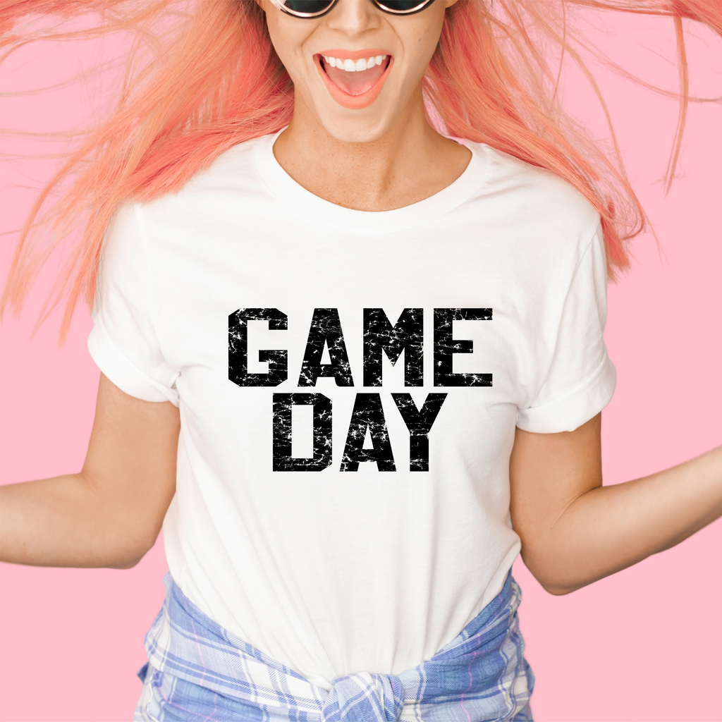 varsity "game day" tee with BLACK PRINT in white