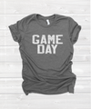 varsity "game day" tee with WHITE PRINT in heather grey