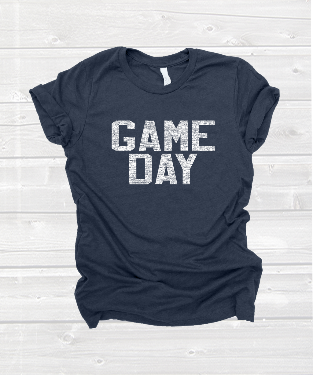 varsity "game day" tee with WHITE PRINT in heather navy
