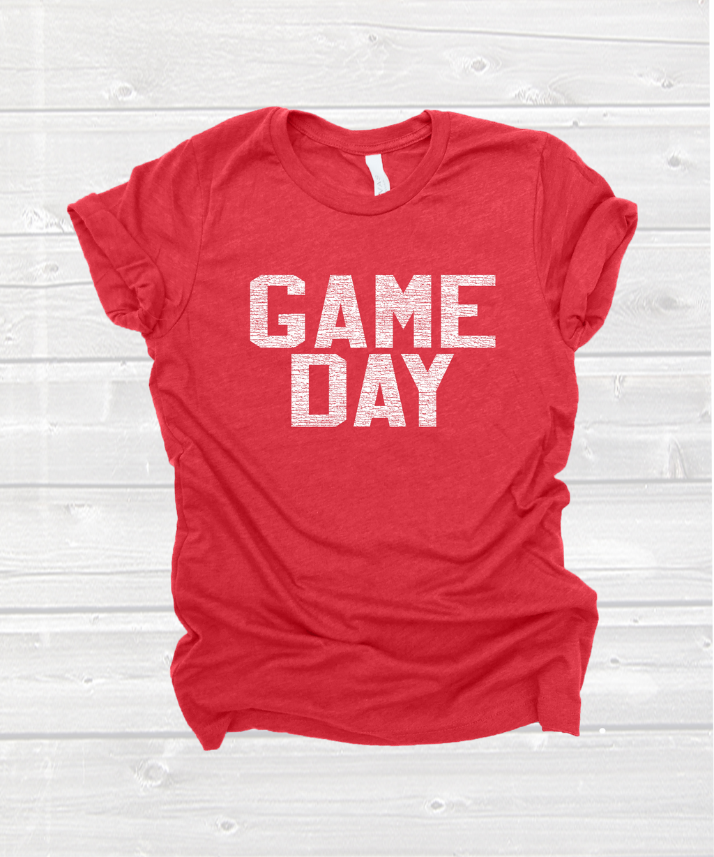 varsity "game day" tee with WHITE PRINT in heather red