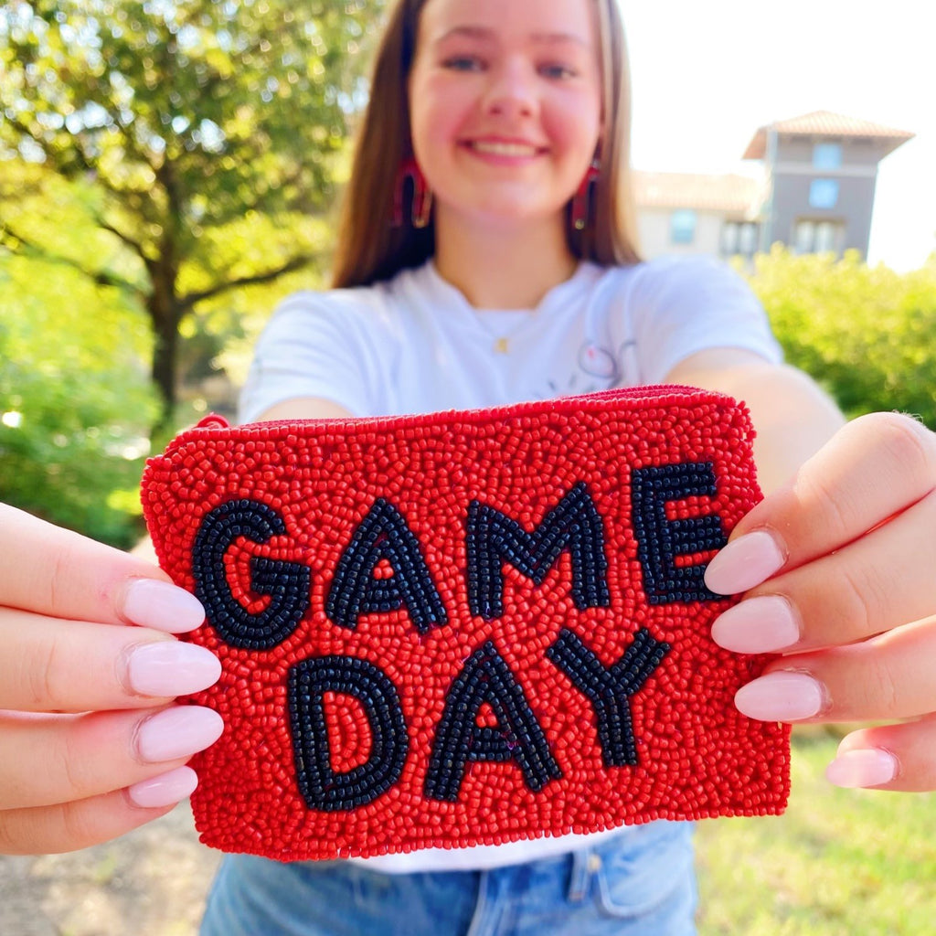 beaded GAME DAY coin pouch in red + black