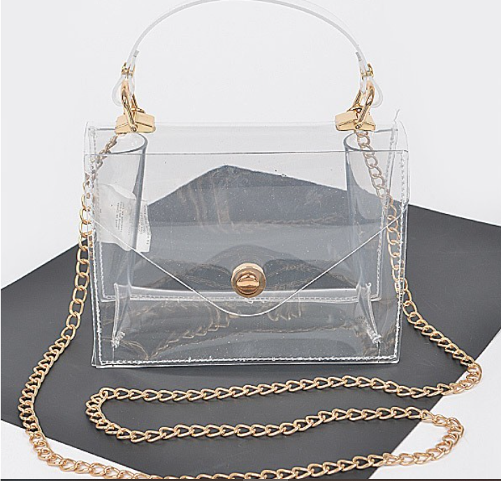 clear bag with gold chain strap
