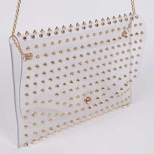 clear envelope purse with gold studs