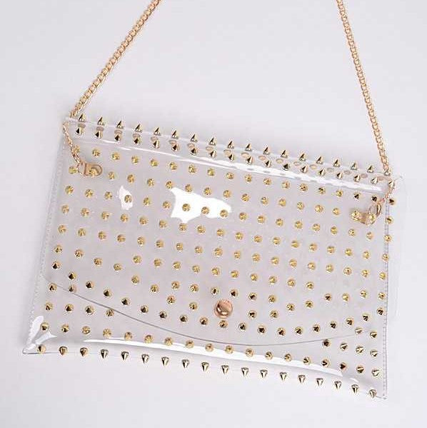 clear envelope purse with gold studs