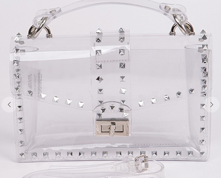 clear bag with silver accents