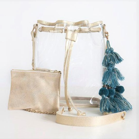 clear bucket bag in gold by SHEERGEAR