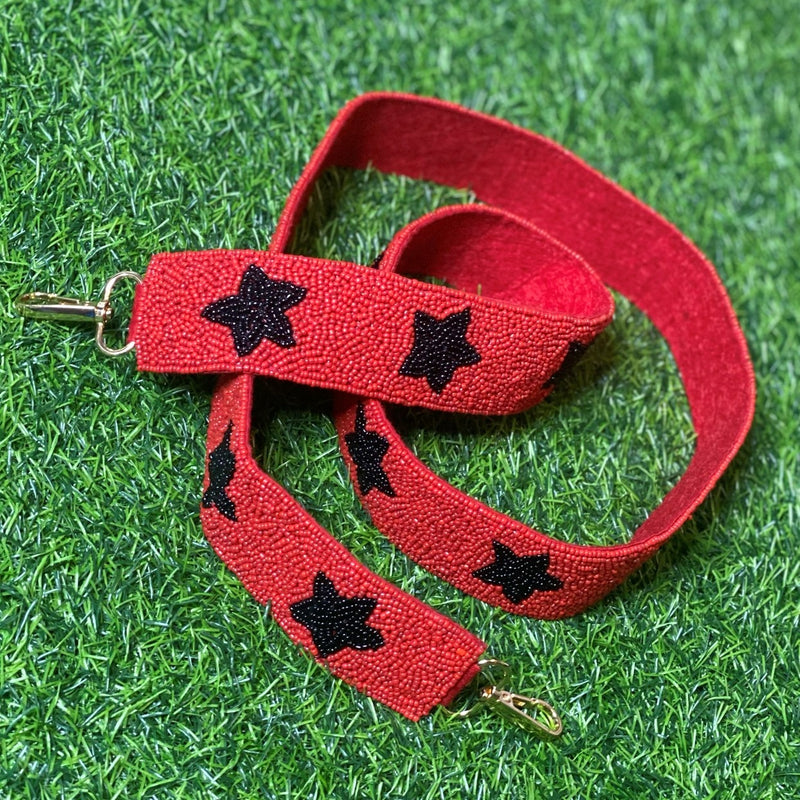 beaded stars purse strap in red + black