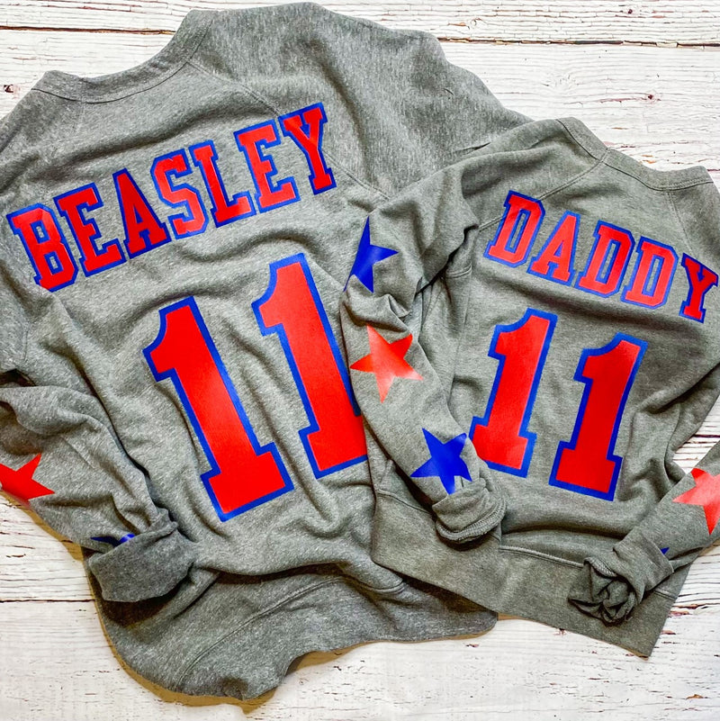 CUSTOM twill sweatshirt - text on front, name/number on back and 3 stars down each sleeve