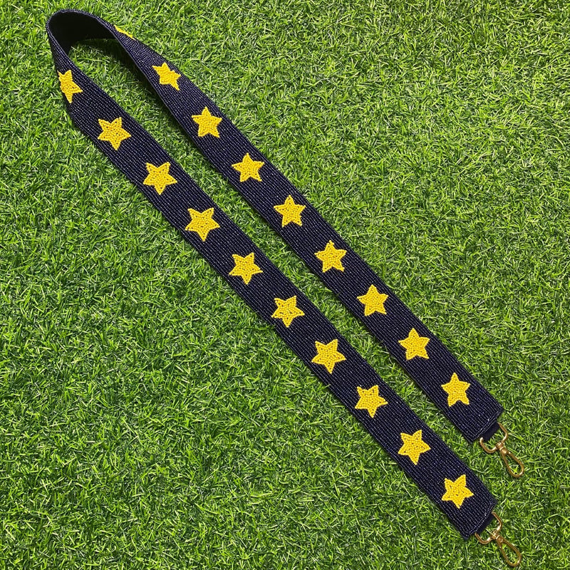 beaded purse strap in navy + maize