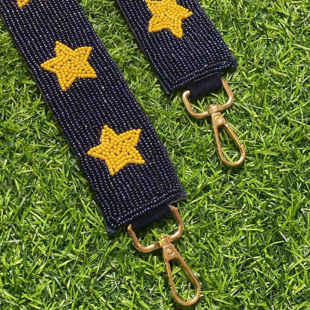 beaded purse strap in navy + maize