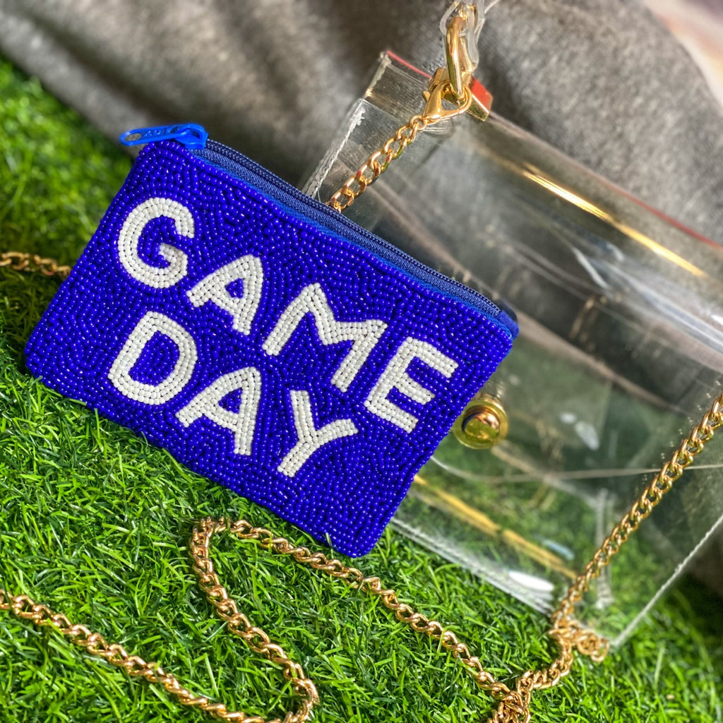 beaded GAME DAY coin pouch in blue + white