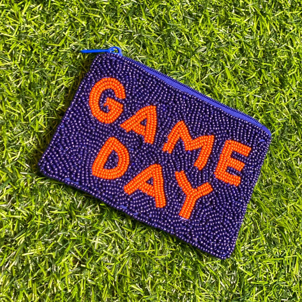 beaded GAME DAY coin pouch in navy + orange