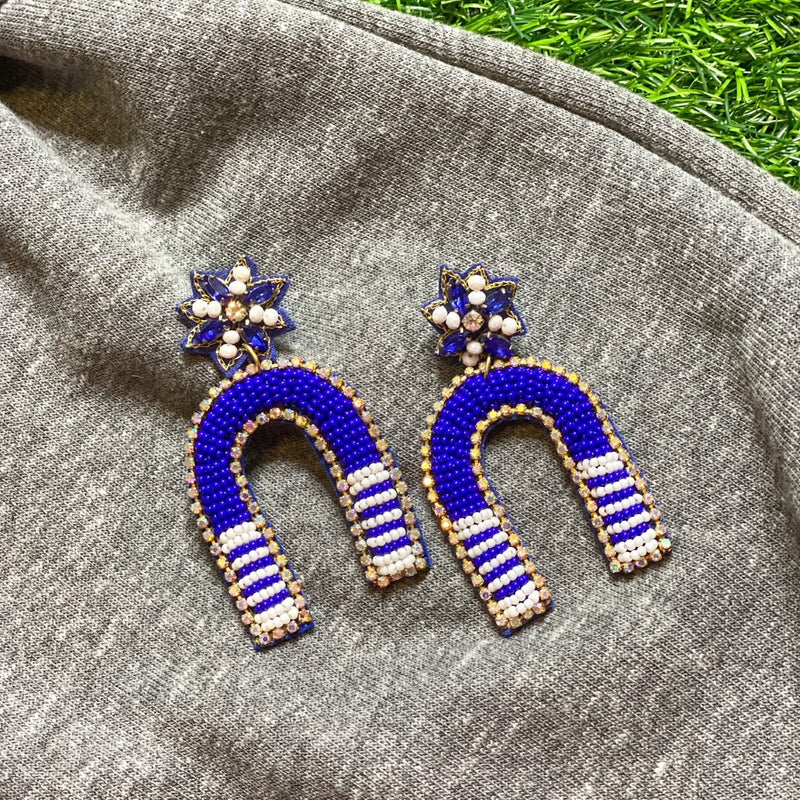 beaded game day earrings in blue + white