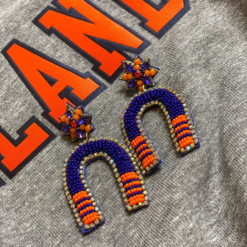 beaded game day earrings in navy + orange