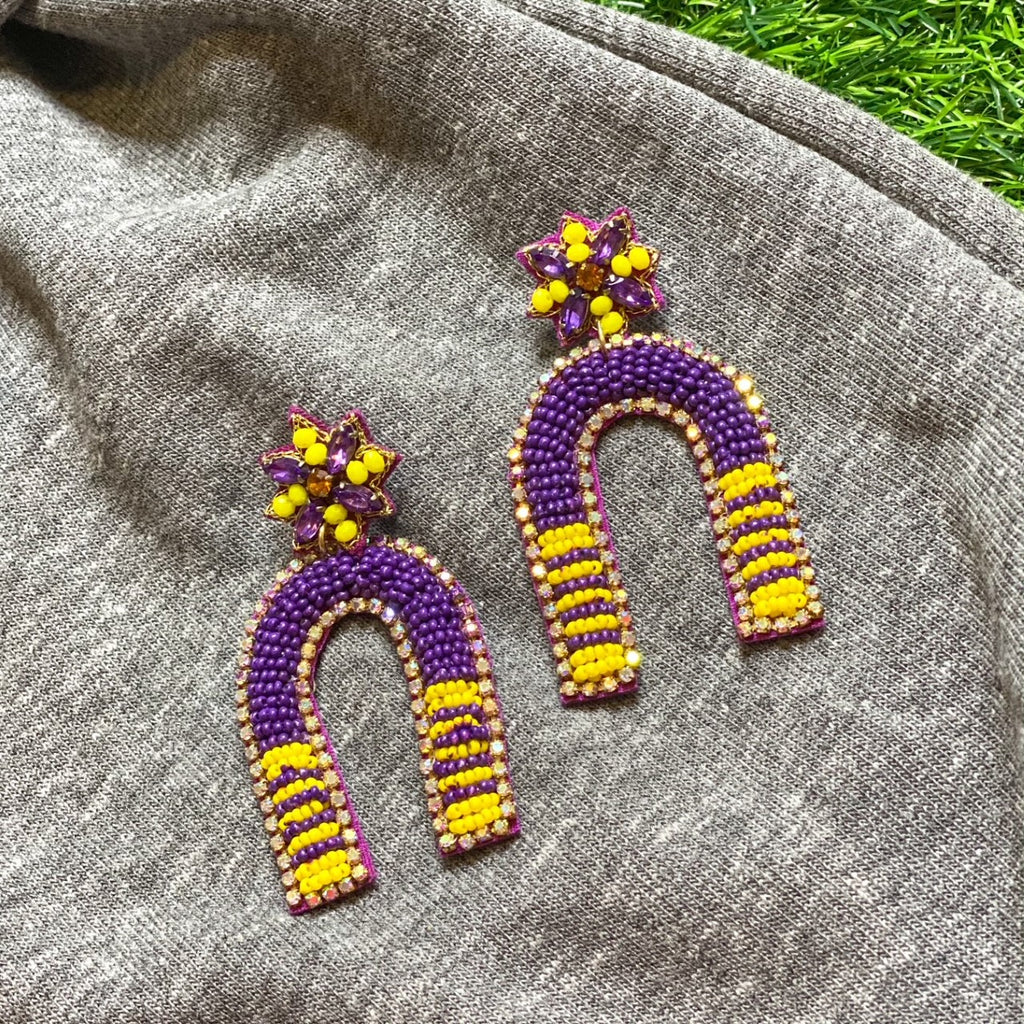 beaded game day earrings in purple + gold