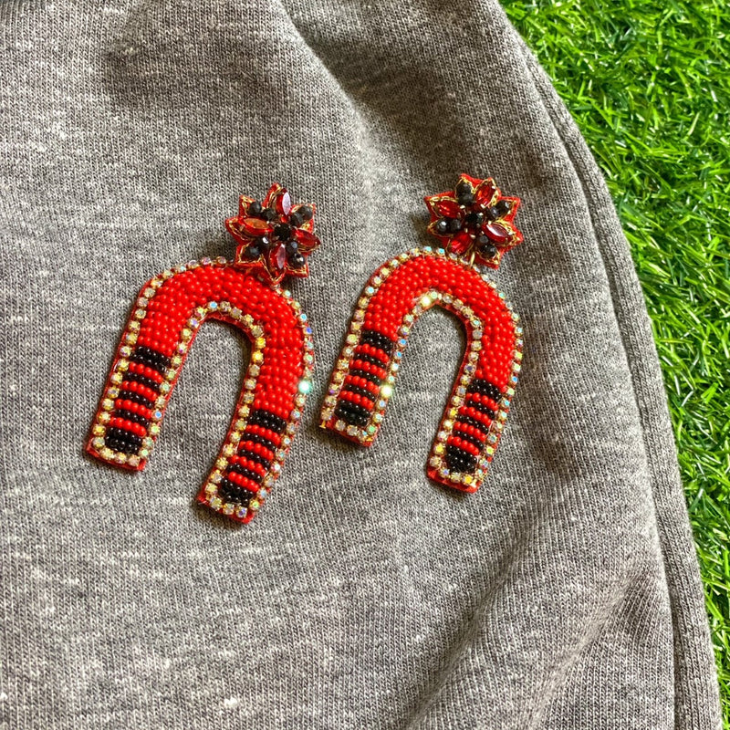 beaded game day earrings in red + black