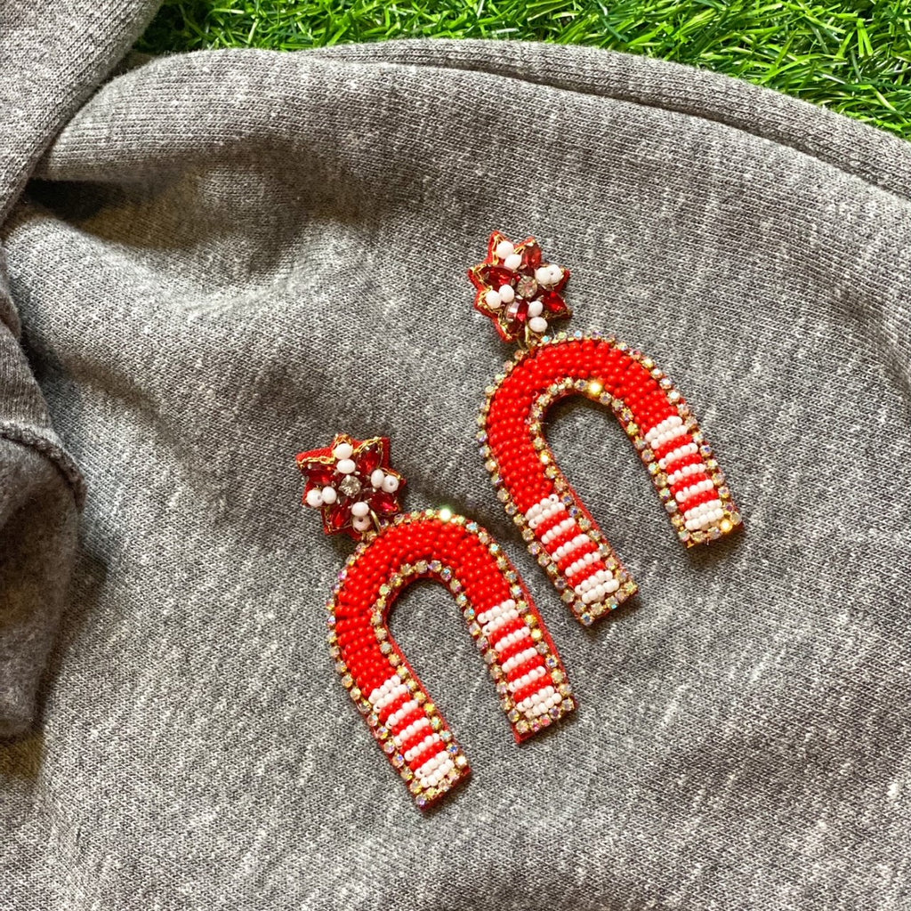 beaded game day earrings in red + white