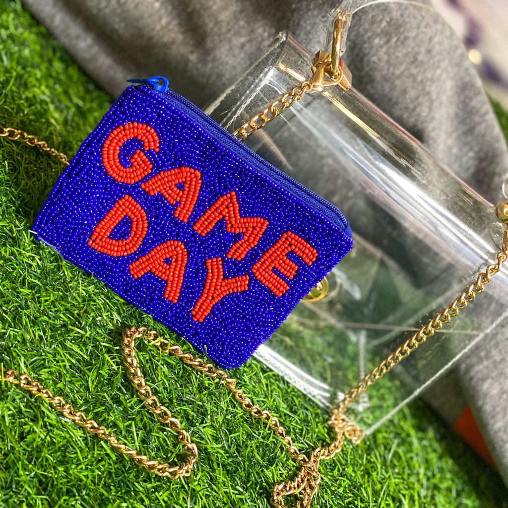 beaded GAME DAY coin pouch in blue + red
