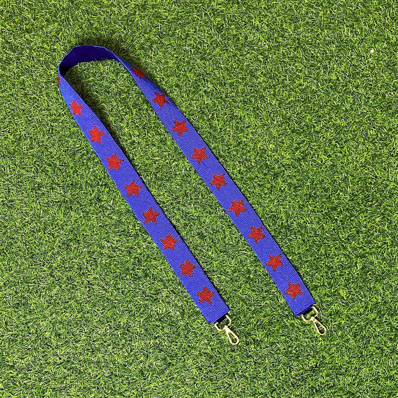 beaded purse strap in blue + red